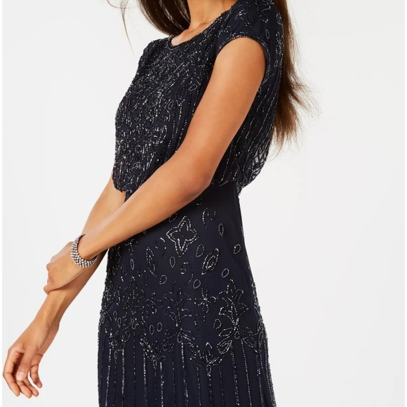 Adrianna Papell Navy Beaded Short-Sleeve Overlay Gown - size 0P - Picture 3 of 9